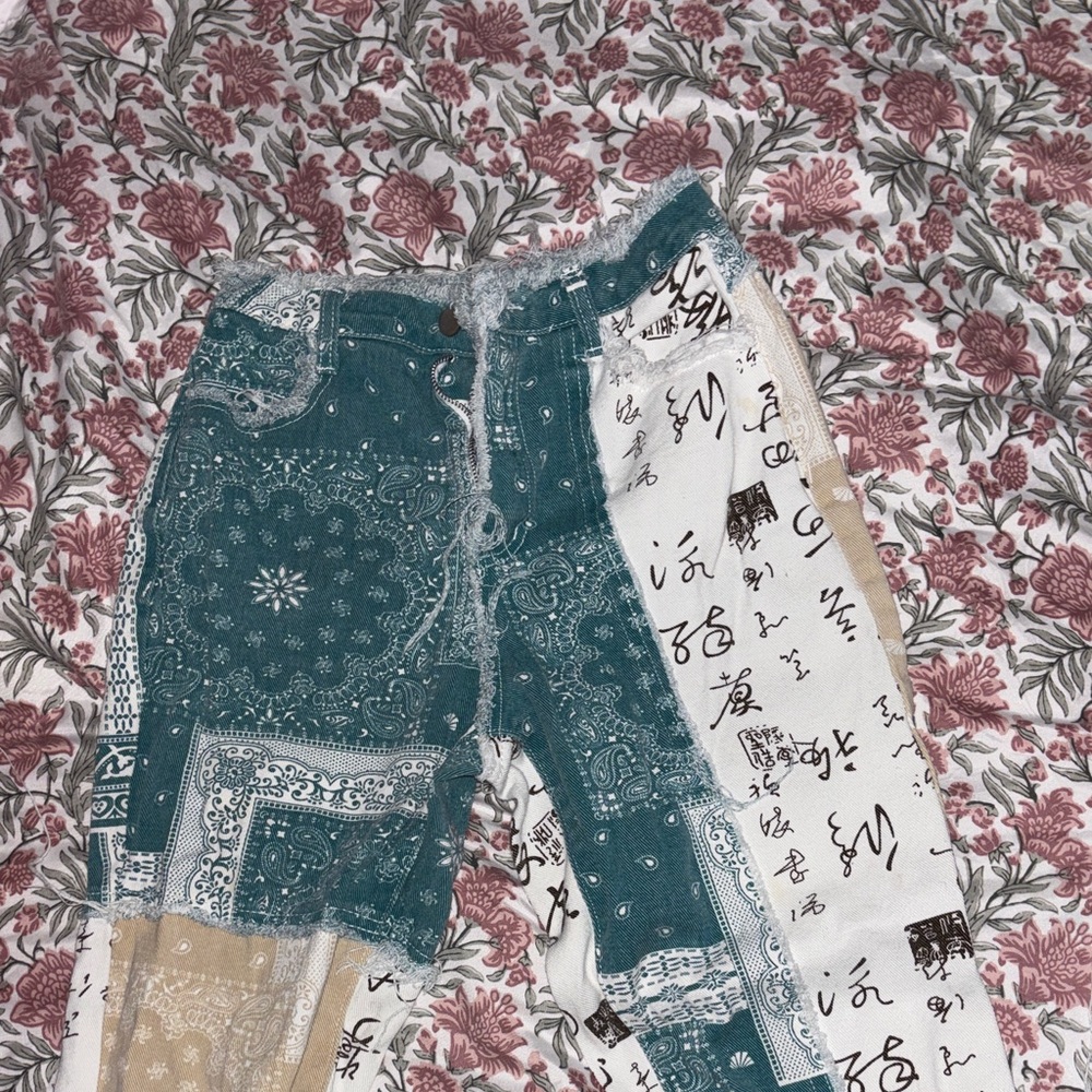 SHEIN Teal and Beige Patchwork Flare Jeans